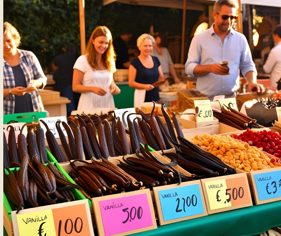 prix de gousse de vanille sur un stand au marché 